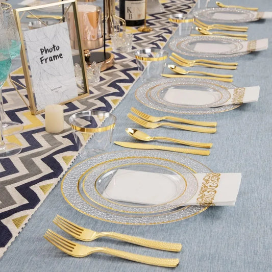 Purism 350PCS Gold Disposable Dinnerware Set, 50 Dinner Plates, Salad Plates, Guests Silverware Set, Cups, 50 Napkins
