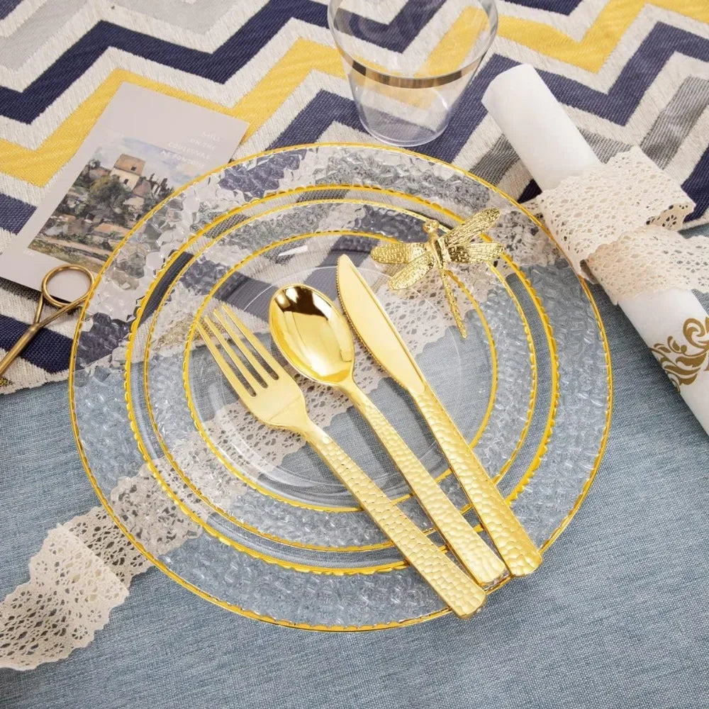 Purism 350PCS Gold Disposable Dinnerware Set, 50 Dinner Plates, Salad Plates, Guests Silverware Set, Cups, 50 Napkins