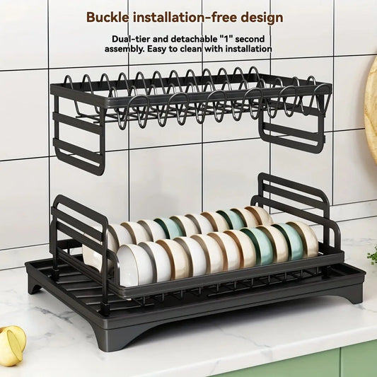 Purism 2 Tier Dish Drying Rack Kitchen Bowl Drainer Storage Rack Tableware Drain Chopsticks Knife Fork Water Cup Storage Holder
