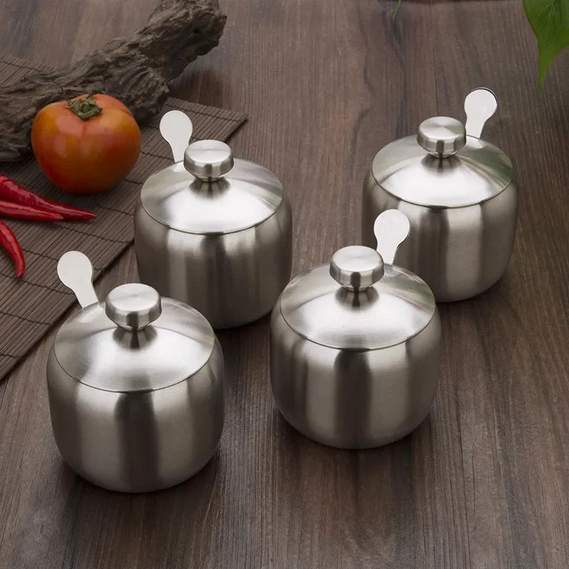 Purism Stainless Steel Seasoning Flavor Can Sugar Box Kitchen Tool Salt Pepper Pot BBQ Condiment Cruet Storage Spice Jar Bottle Spoon