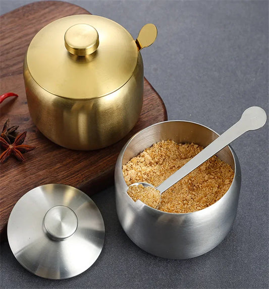 Purism Stainless Steel Seasoning Flavor Can Sugar Box Kitchen Tool Salt Pepper Pot BBQ Condiment Cruet Storage Spice Jar Bottle Spoon