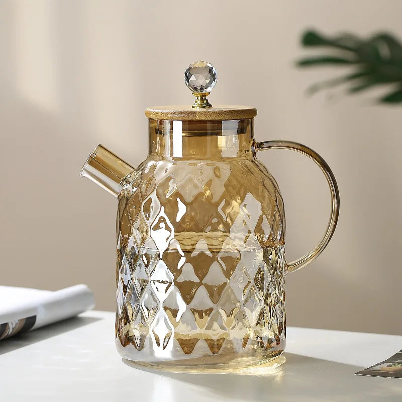Daddy's Choice Glass Tea Kettle With Bamboo Lid And Removable Filter Spout Champagne Teapot For Loose Leaf Blooming Tea And Fruit Tea 1/15/1.8L