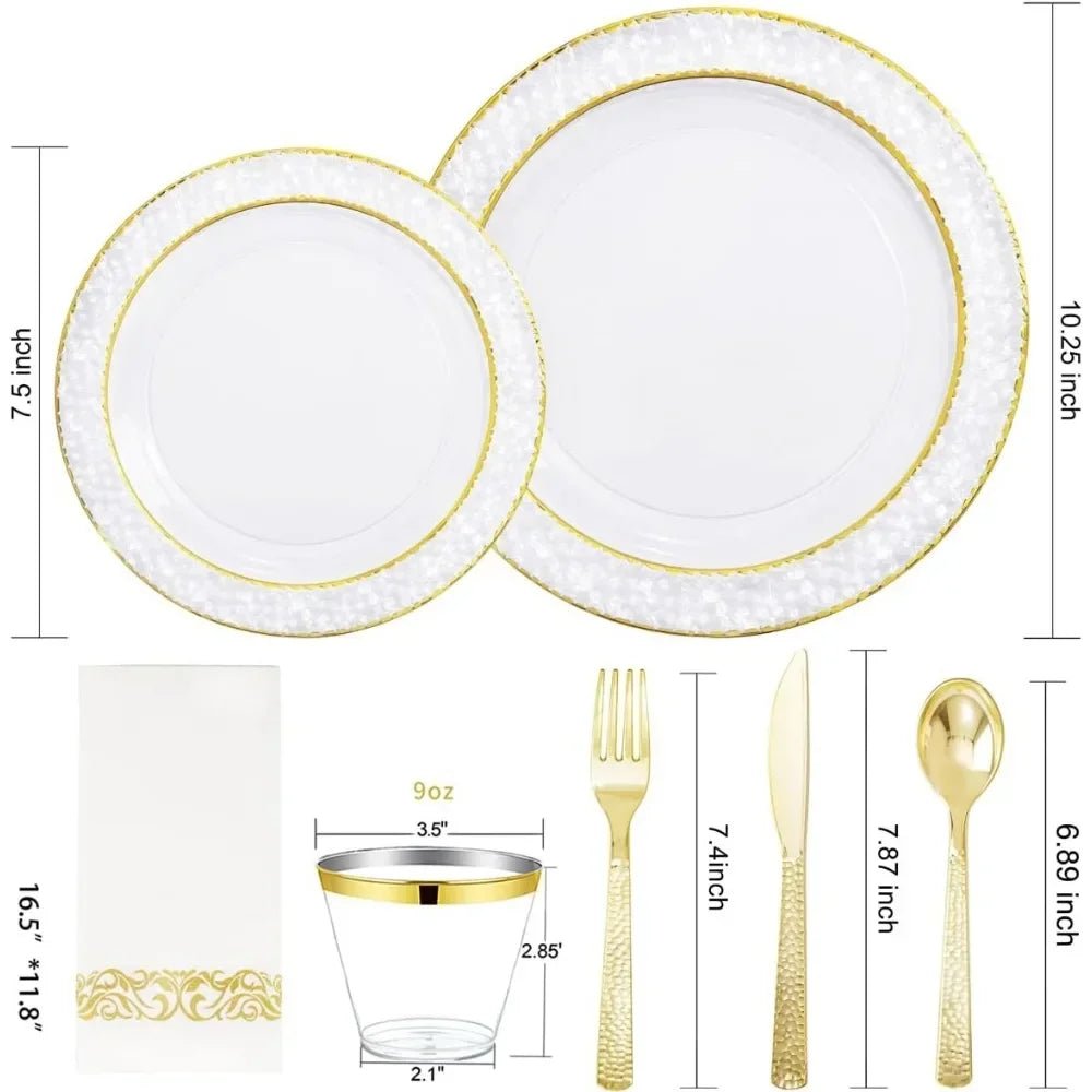 Purism 350PCS Gold Disposable Dinnerware Set, 50 Dinner Plates, Salad Plates, Guests Silverware Set, Cups, 50 Napkins
