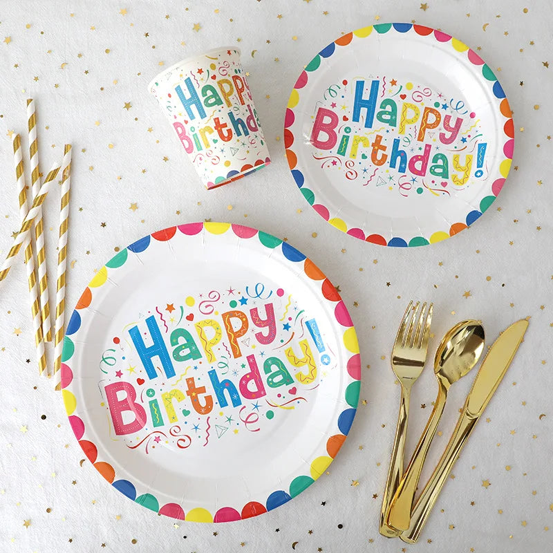 Purism Happy Birthday Party Disposable Tableware Rainbow Colored Paper Cups Plates Table Decor Kids 1st Girls Birthday Party Supplies