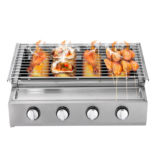 Purism Stainless Steel Smokeless Barbecue Grill 4 Burners LPG Gas Grill Roaster Portable BBQ Grill Removable for Outdoor Patio Garden