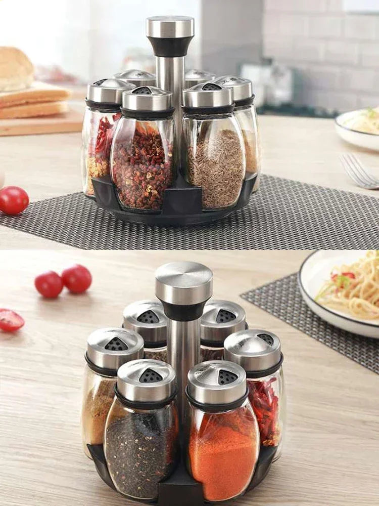 Purism 7pcs Spice Jar Set Rack Glass Organizer Rotating Glass Seasoning Sugar Pepper Bottles Salt Shakers Holder Kitchen Storage Rack