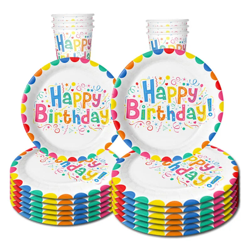 Purism Happy Birthday Party Disposable Tableware Rainbow Colored Paper Cups Plates Table Decor Kids 1st Girls Birthday Party Supplies