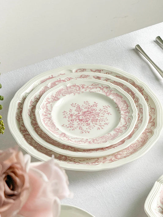 Purism French Style Pink Flower Ceramic Plates Vintage Household Biscuit Bread Dishs High Quality Restaurant Dessert Tableware