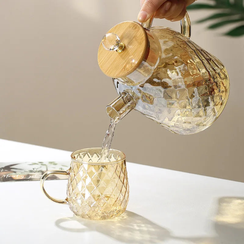 Daddy's Choice Glass Tea Kettle With Bamboo Lid And Removable Filter Spout Champagne Teapot For Loose Leaf Blooming Tea And Fruit Tea 1/15/1.8L