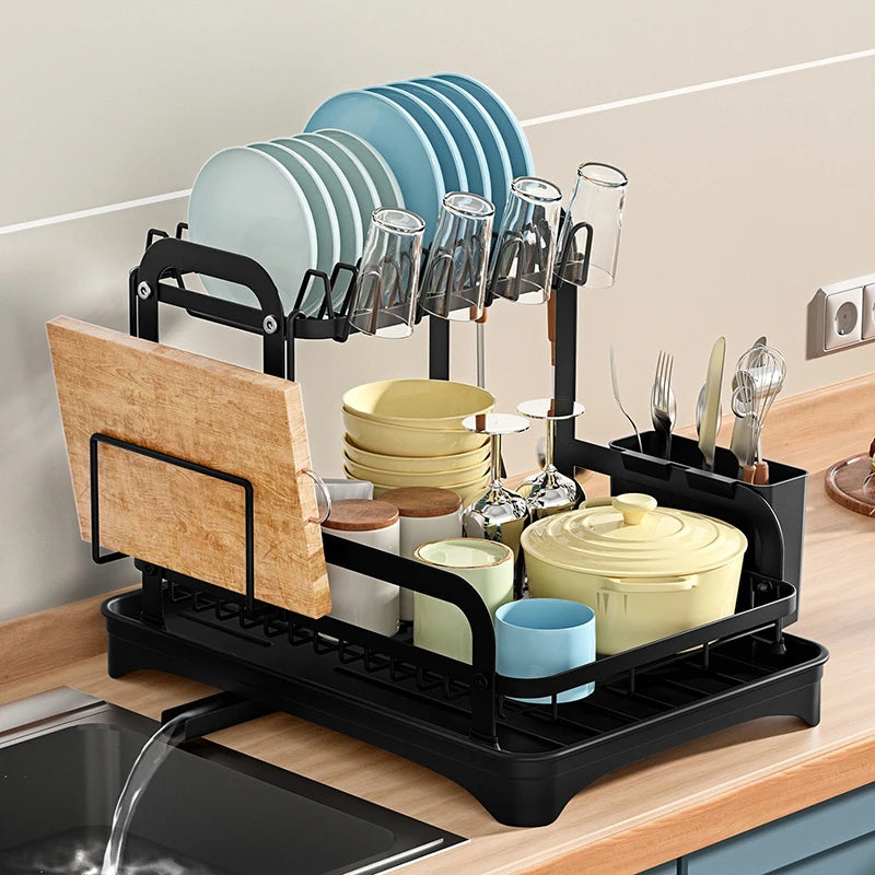 Daddy's Choice 2 Tier Dish Bowl Drainer Storage Rack Kitchen Dish Drying Rack with Drain Basket Countertop Dinnerware Organizer Drainboard