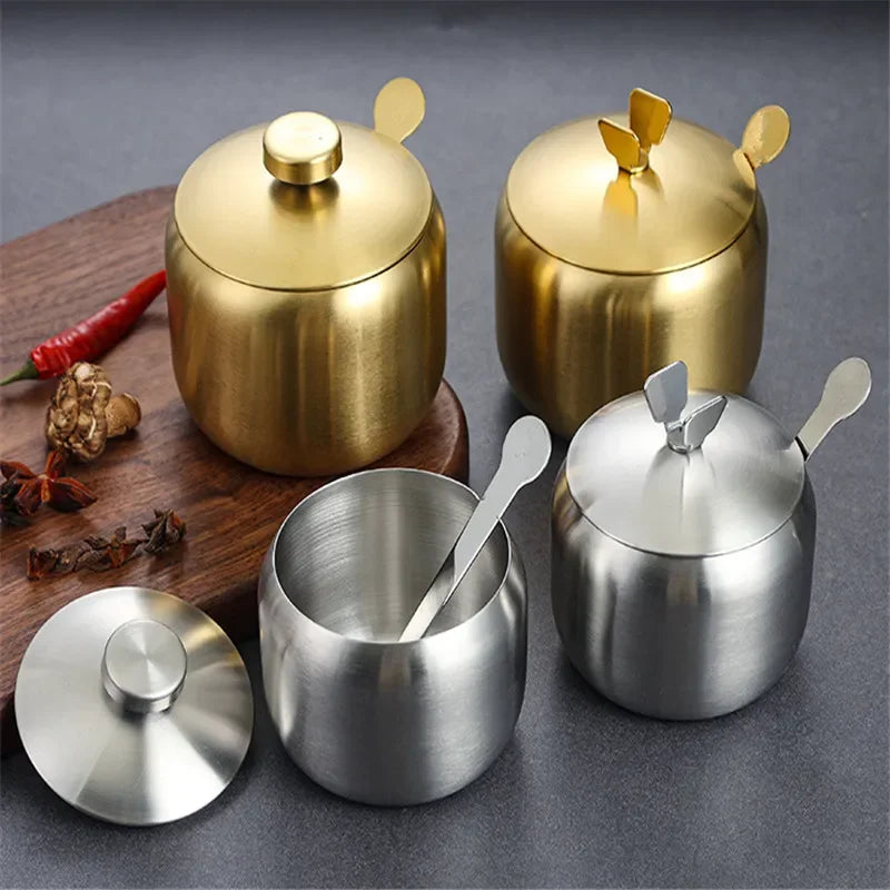 Purism Stainless Steel Seasoning Flavor Can Sugar Box Kitchen Tool Salt Pepper Pot BBQ Condiment Cruet Storage Spice Jar Bottle Spoon