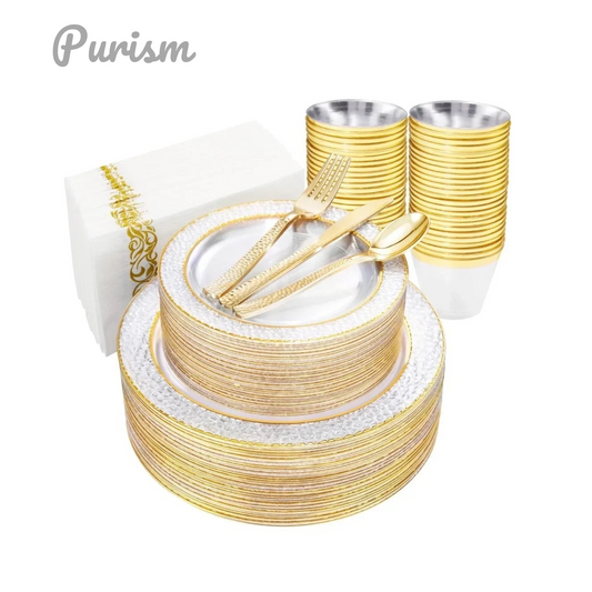 Purism 350PCS Gold Disposable Dinnerware Set, 50 Dinner Plates, Salad Plates, Guests Silverware Set, Cups, 50 Napkins