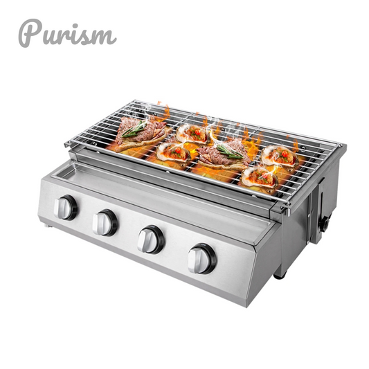 Purism Stainless Steel Smokeless Barbecue Grill 4 Burners LPG Gas Grill Roaster Portable BBQ Grill Removable for Outdoor Patio Garden