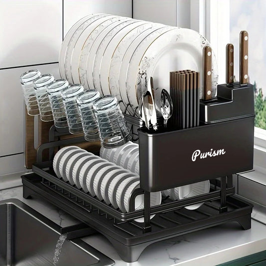 Purism 2 Tier Dish Drying Rack Kitchen Bowl Drainer Storage Rack Tableware Drain Chopsticks Knife Fork Water Cup Storage Holder