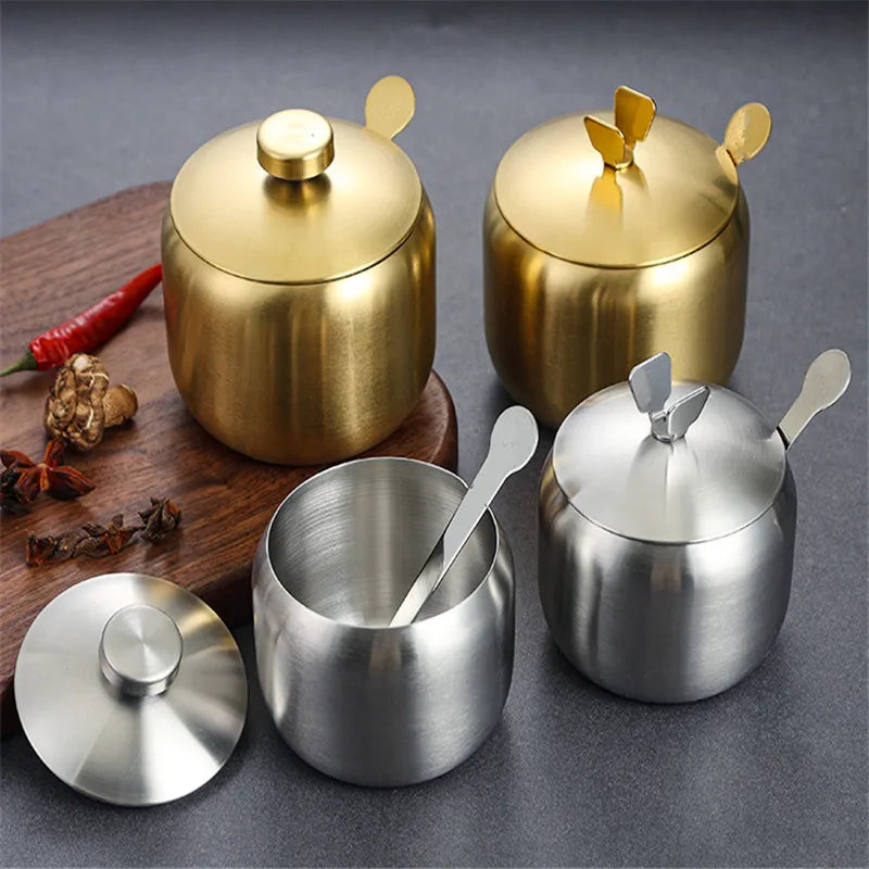 Purism Stainless Steel Seasoning Flavor Can Sugar Box Kitchen Tool Salt Pepper Pot BBQ Condiment Cruet Storage Spice Jar Bottle Spoon