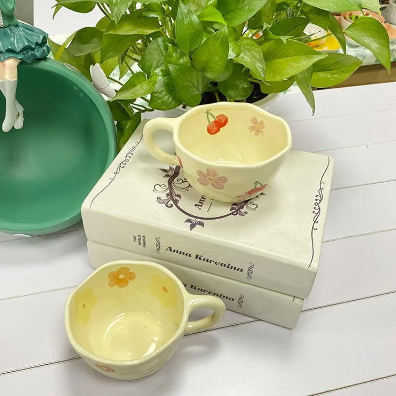 Ceramic Mugs Coffee Cups Hand Pinched Irregular Flower Milk Tea Cup ins korean style Oatmeal Breakfast Mug Drinkware Kitchen