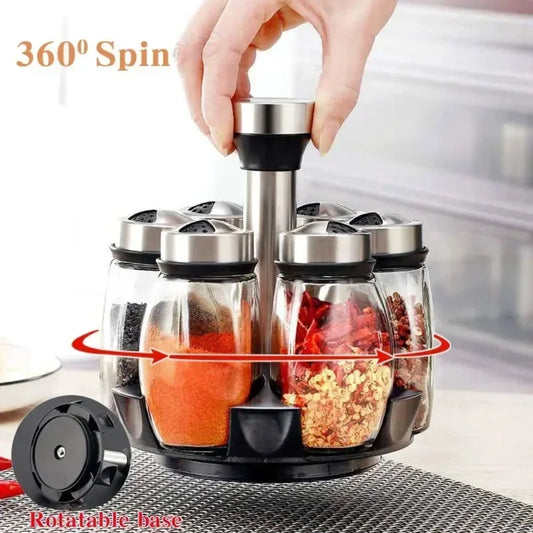Purism 7pcs Spice Jar Set Rack Glass Organizer Rotating Glass Seasoning Sugar Pepper Bottles Salt Shakers Holder Kitchen Storage Rack