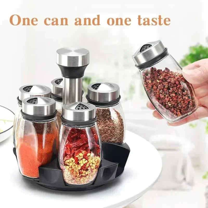 Purism 7pcs Spice Jar Set Rack Glass Organizer Rotating Glass Seasoning Sugar Pepper Bottles Salt Shakers Holder Kitchen Storage Rack