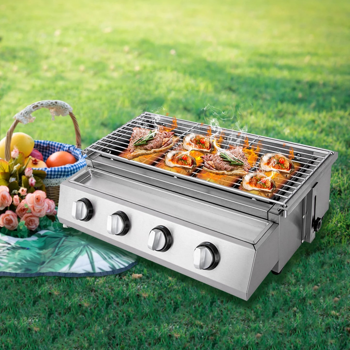 Purism Stainless Steel Smokeless Barbecue Grill 4 Burners LPG Gas Grill Roaster Portable BBQ Grill Removable for Outdoor Patio Garden