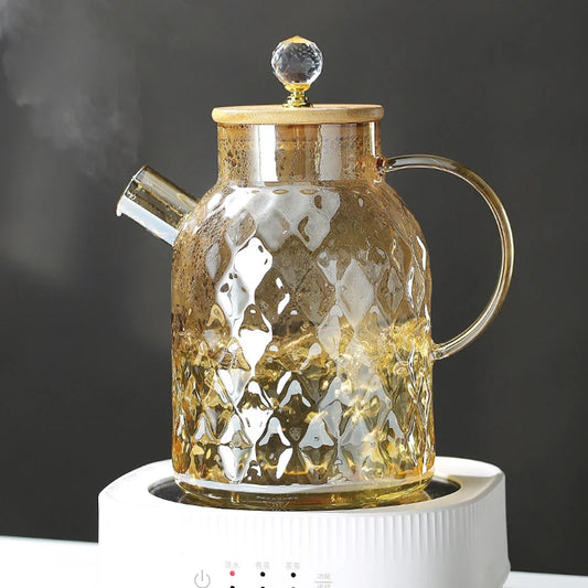 Daddy's Choice Glass Tea Kettle With Bamboo Lid And Removable Filter Spout Champagne Teapot For Loose Leaf Blooming Tea And Fruit Tea 1/15/1.8L