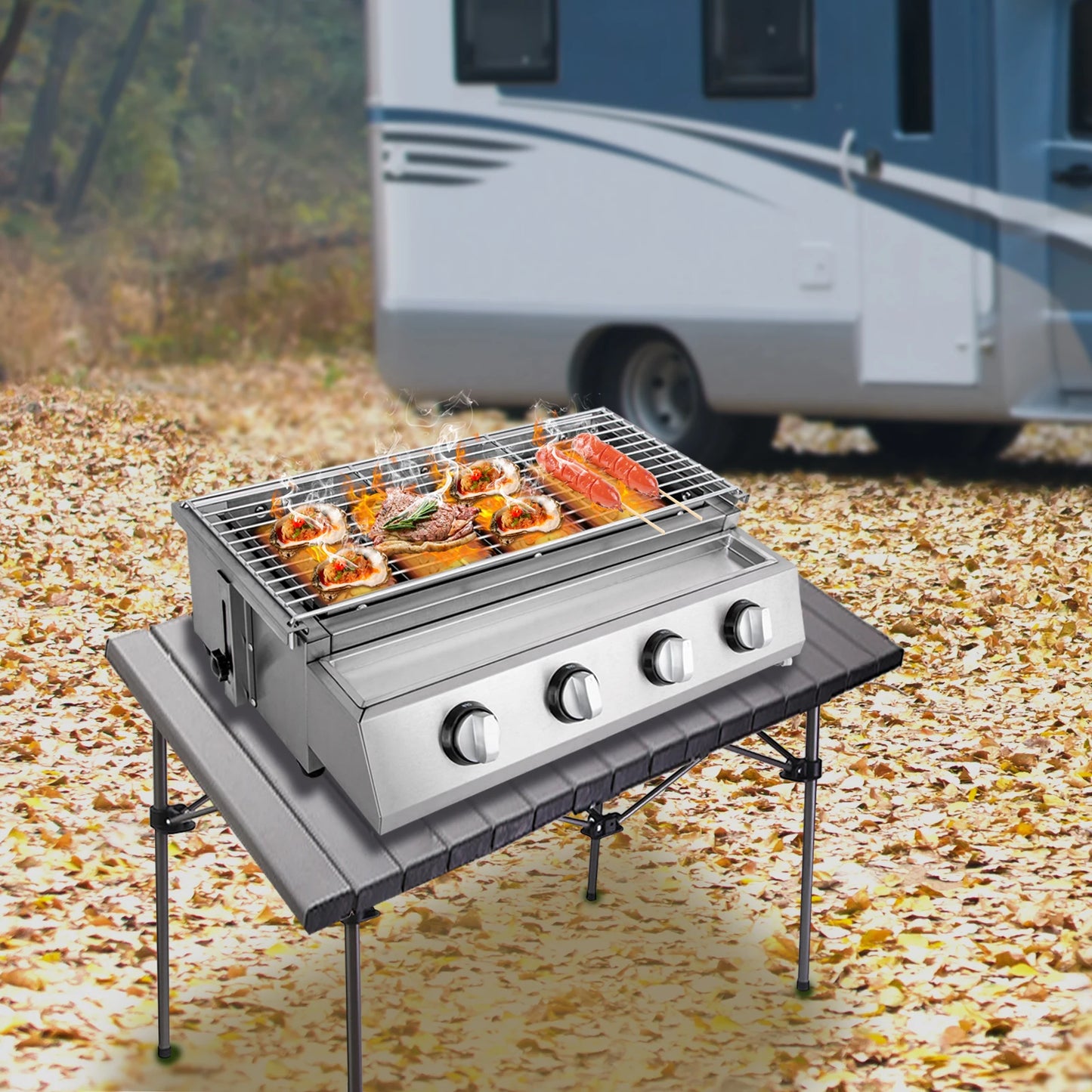 Purism Stainless Steel Smokeless Barbecue Grill 4 Burners LPG Gas Grill Roaster Portable BBQ Grill Removable for Outdoor Patio Garden