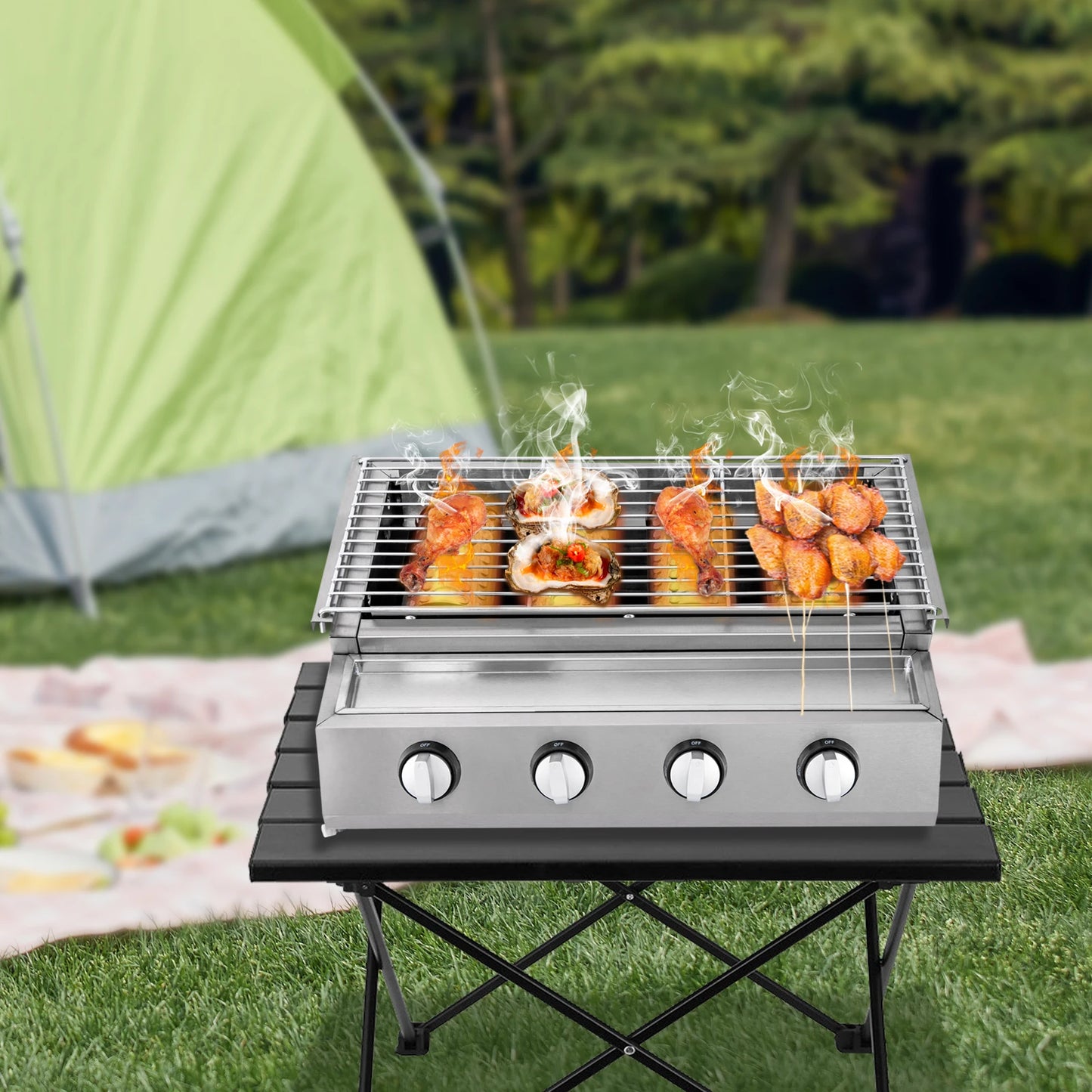 Purism Stainless Steel Smokeless Barbecue Grill 4 Burners LPG Gas Grill Roaster Portable BBQ Grill Removable for Outdoor Patio Garden