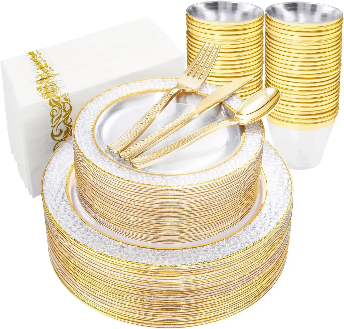 Purism 350PCS Gold Disposable Dinnerware Set, 50 Dinner Plates, Salad Plates, Guests Silverware Set, Cups, 50 Napkins