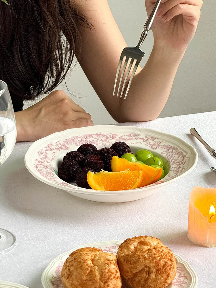 Purism French Style Pink Flower Ceramic Plates Vintage Household Biscuit Bread Dishs High Quality Restaurant Dessert Tableware