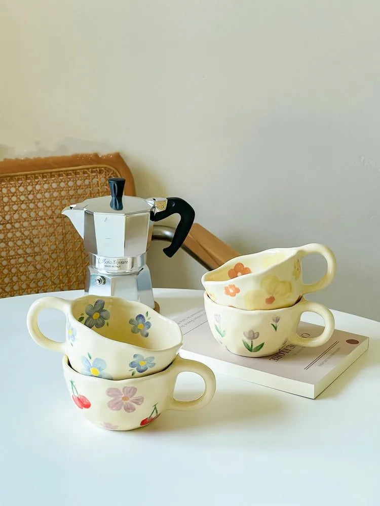 Ceramic Mugs Coffee Cups Hand Pinched Irregular Flower Milk Tea Cup ins korean style Oatmeal Breakfast Mug Drinkware Kitchen