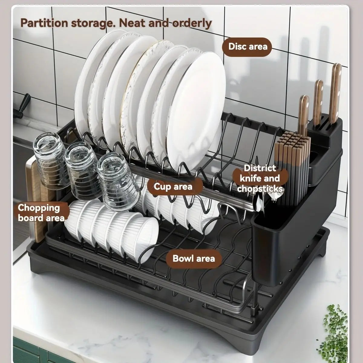 Purism 2 Tier Dish Drying Rack Kitchen Bowl Drainer Storage Rack Tableware Drain Chopsticks Knife Fork Water Cup Storage Holder