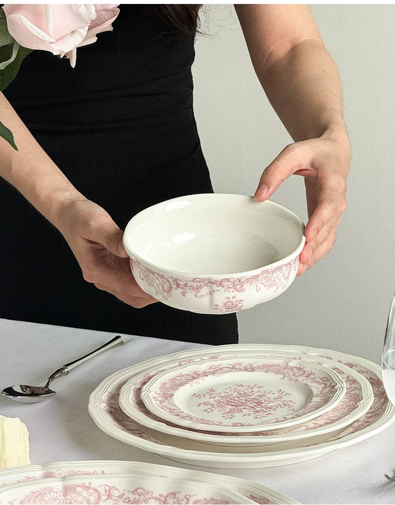 Purism French Style Pink Flower Ceramic Plates Vintage Household Biscuit Bread Dishs High Quality Restaurant Dessert Tableware