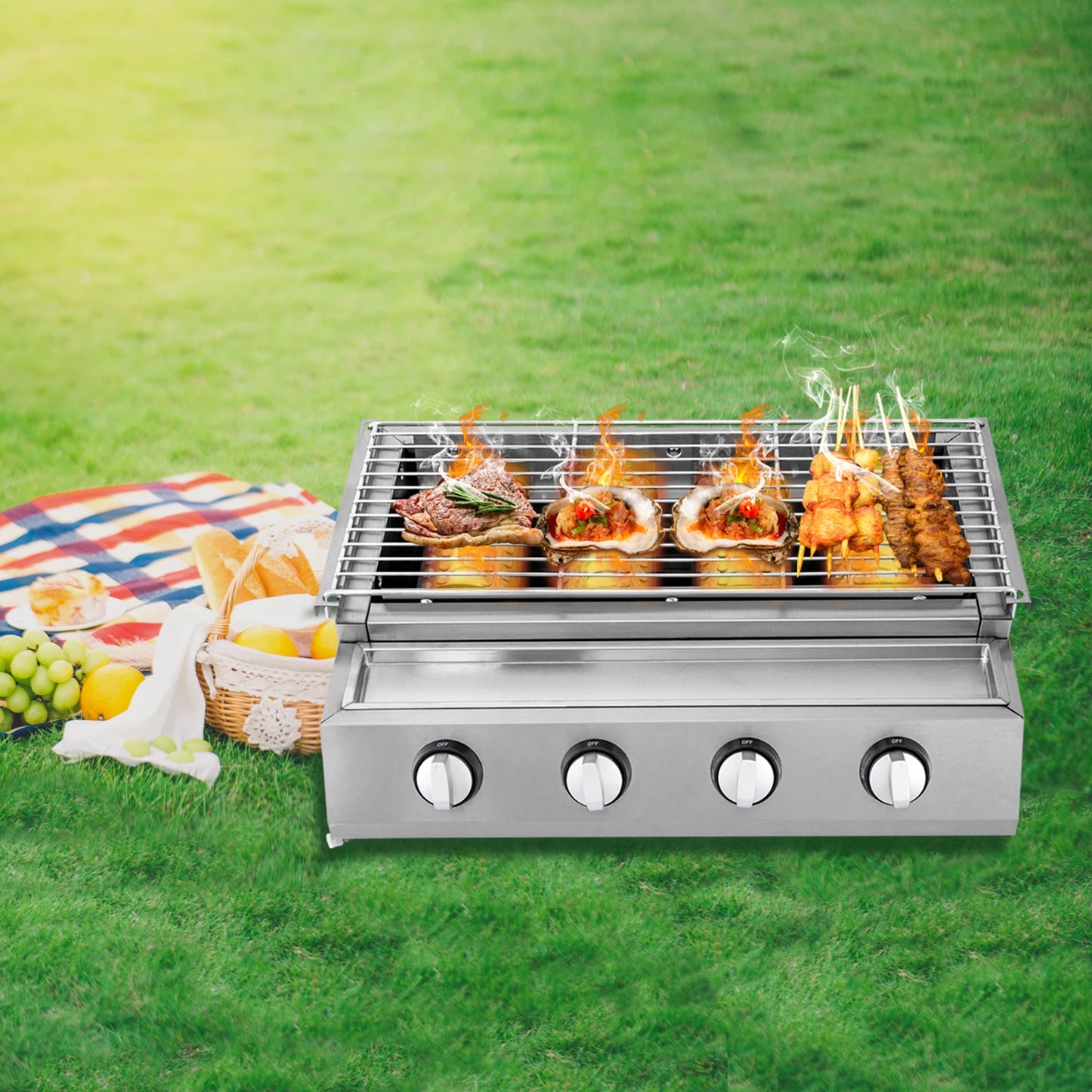Purism Stainless Steel Smokeless Barbecue Grill 4 Burners LPG Gas Grill Roaster Portable BBQ Grill Removable for Outdoor Patio Garden