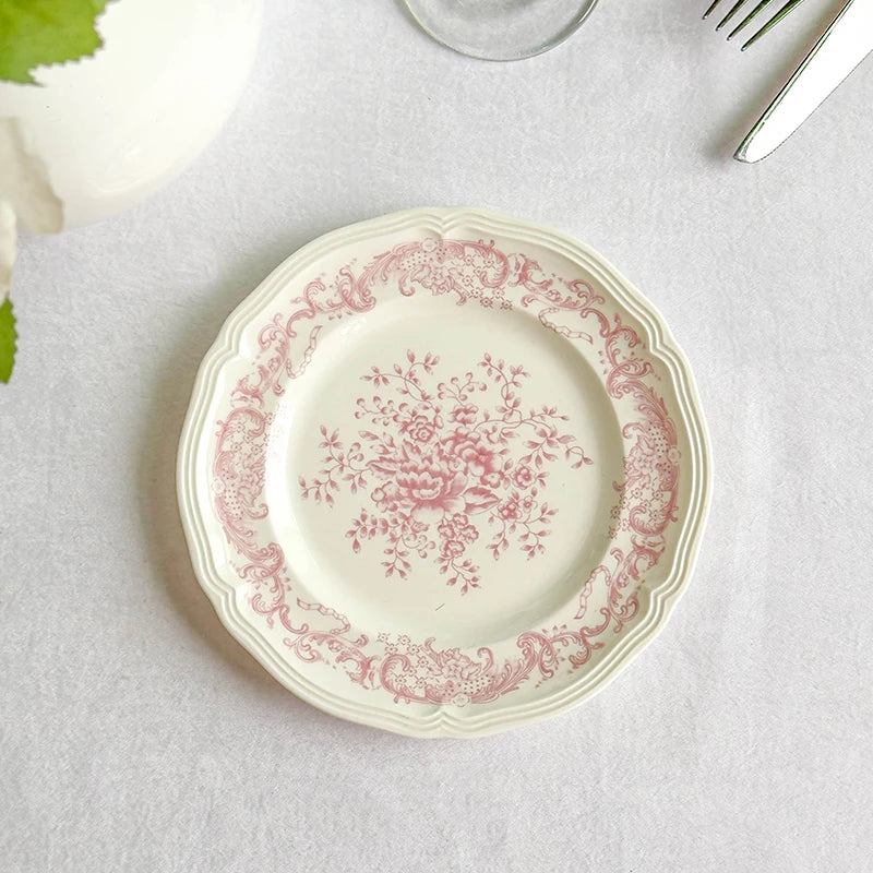 Purism French Style Pink Flower Ceramic Plates Vintage Household Biscuit Bread Dishs High Quality Restaurant Dessert Tableware