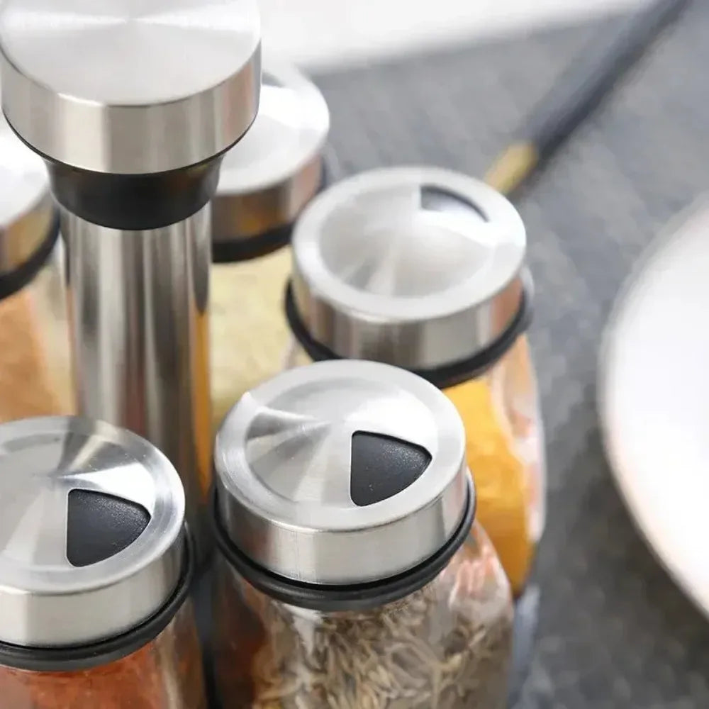 Purism 7pcs Spice Jar Set Rack Glass Organizer Rotating Glass Seasoning Sugar Pepper Bottles Salt Shakers Holder Kitchen Storage Rack