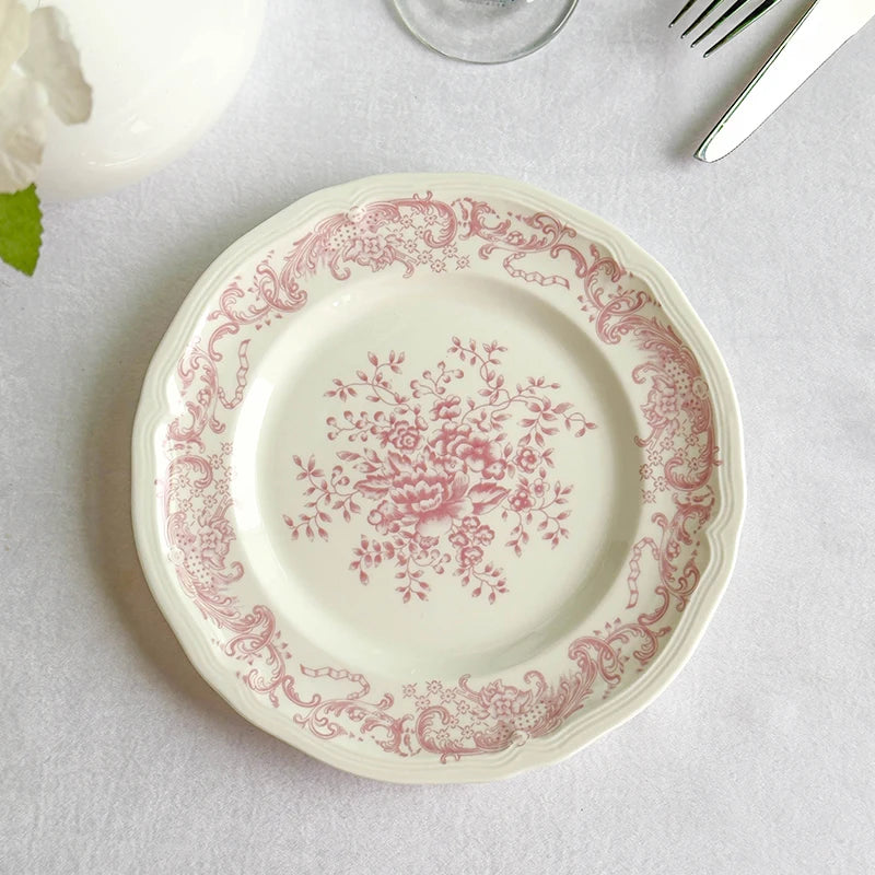 Purism French Style Pink Flower Ceramic Plates Vintage Household Biscuit Bread Dishs High Quality Restaurant Dessert Tableware