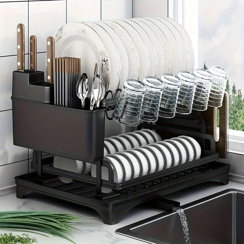 Purism 2 Tier Dish Drying Rack Kitchen Bowl Drainer Storage Rack Tableware Drain Chopsticks Knife Fork Water Cup Storage Holder