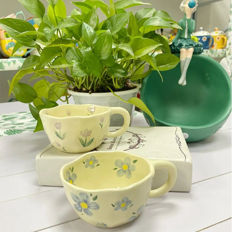 Ceramic Mugs Coffee Cups Hand Pinched Irregular Flower Milk Tea Cup ins korean style Oatmeal Breakfast Mug Drinkware Kitchen