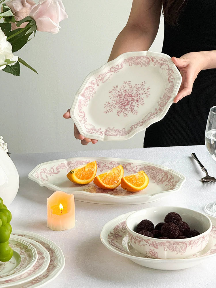 Purism French Style Pink Flower Ceramic Plates Vintage Household Biscuit Bread Dishs High Quality Restaurant Dessert Tableware