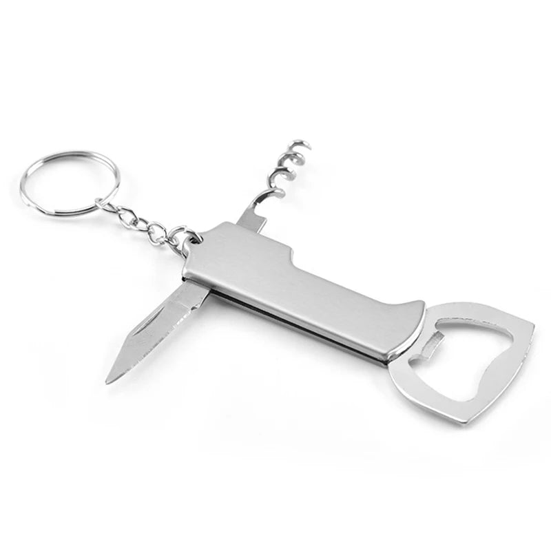 Portable Stainless Steel Corkscrew Wine Opener with Keychain, Multifunctional Beer Bottle Opener, Knife, Gift for Mens