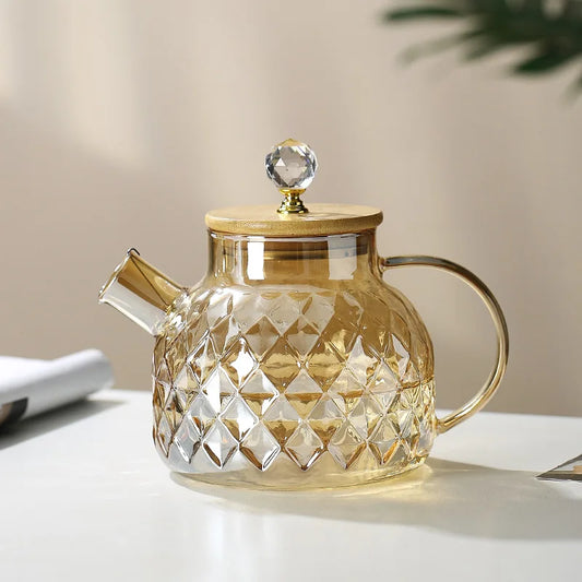Daddy's Choice Glass Tea Kettle With Bamboo Lid And Removable Filter Spout Champagne Teapot For Loose Leaf Blooming Tea And Fruit Tea 1/15/1.8L