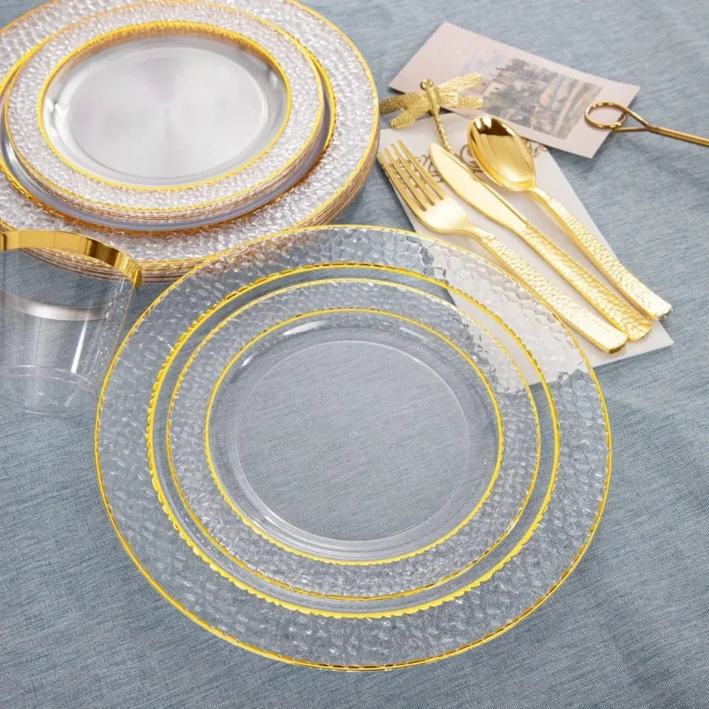 Purism 350PCS Gold Disposable Dinnerware Set, 50 Dinner Plates, Salad Plates, Guests Silverware Set, Cups, 50 Napkins