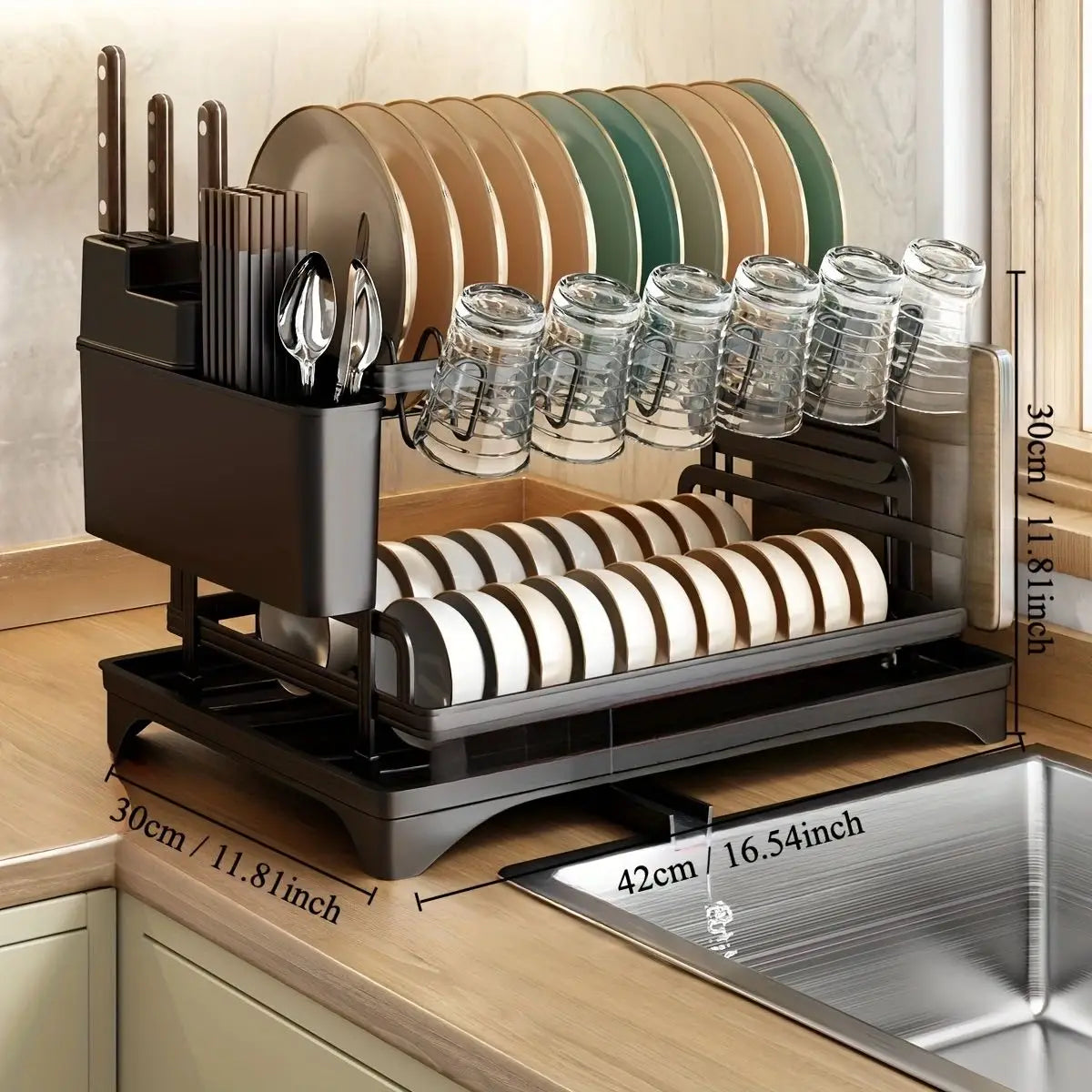 Purism 2 Tier Dish Drying Rack Kitchen Bowl Drainer Storage Rack Tableware Drain Chopsticks Knife Fork Water Cup Storage Holder