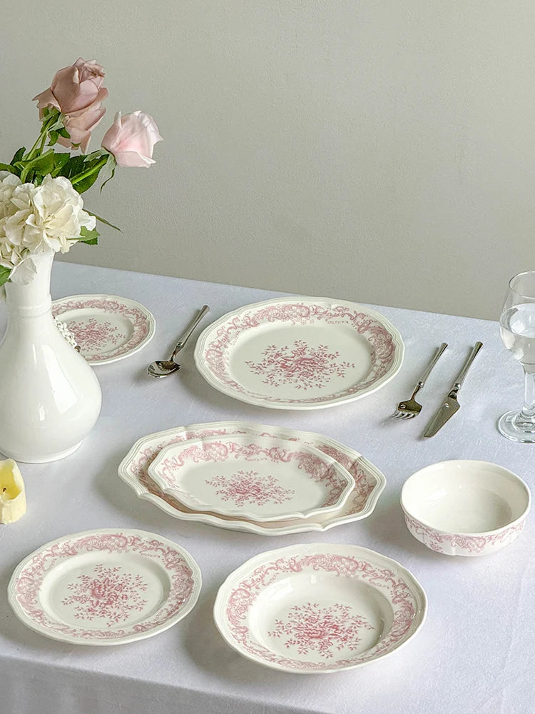 Purism French Style Pink Flower Ceramic Plates Vintage Household Biscuit Bread Dishs High Quality Restaurant Dessert Tableware