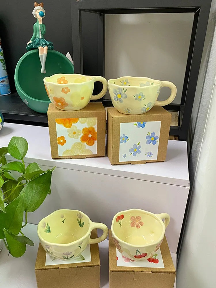 Ceramic Mugs Coffee Cups Hand Pinched Irregular Flower Milk Tea Cup ins korean style Oatmeal Breakfast Mug Drinkware Kitchen