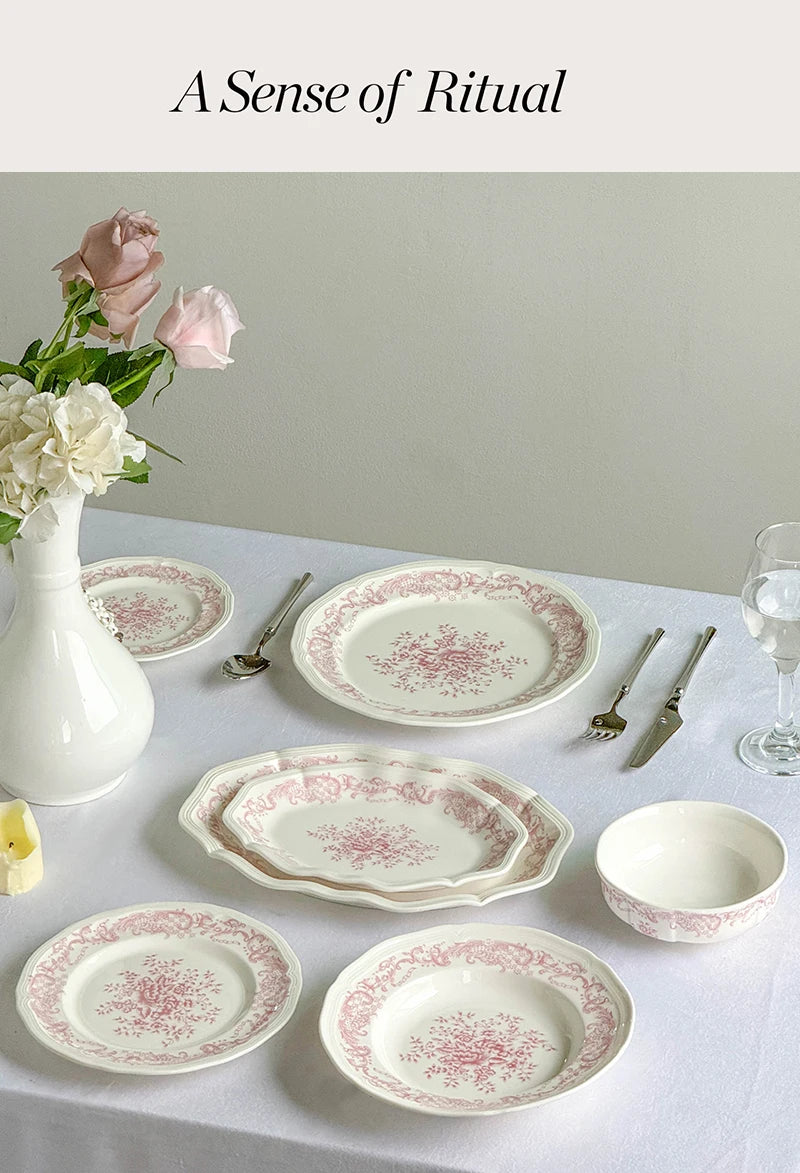 Purism French Style Pink Flower Ceramic Plates Vintage Household Biscuit Bread Dishs High Quality Restaurant Dessert Tableware