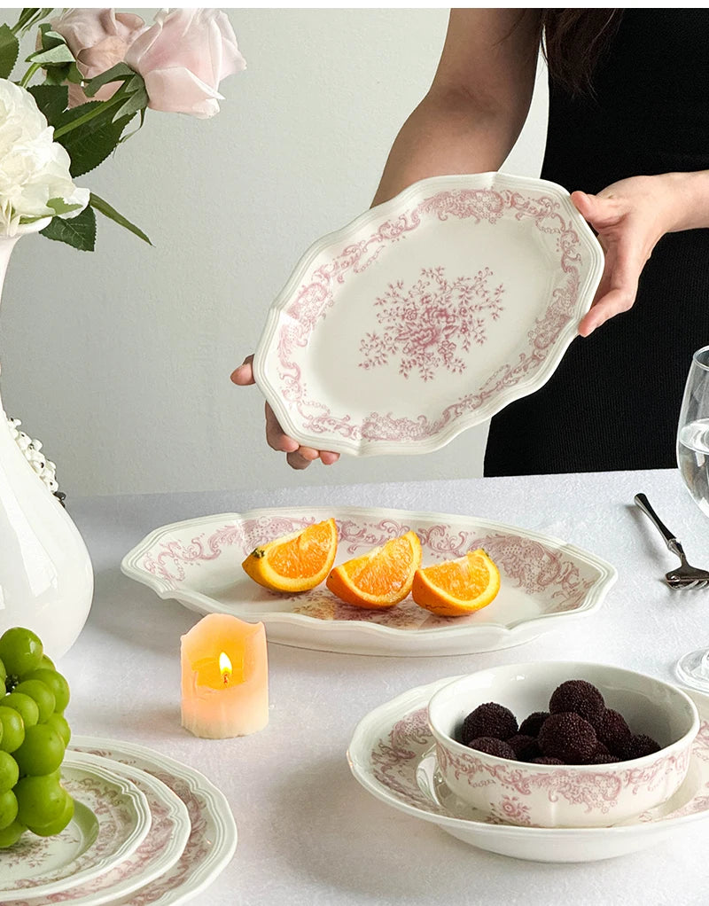 Purism French Style Pink Flower Ceramic Plates Vintage Household Biscuit Bread Dishs High Quality Restaurant Dessert Tableware