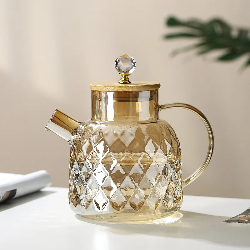 Daddy's Choice Glass Tea Kettle With Bamboo Lid And Removable Filter Spout Champagne Teapot For Loose Leaf Blooming Tea And Fruit Tea 1/15/1.8L