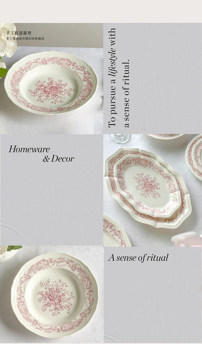 Purism French Style Pink Flower Ceramic Plates Vintage Household Biscuit Bread Dishs High Quality Restaurant Dessert Tableware