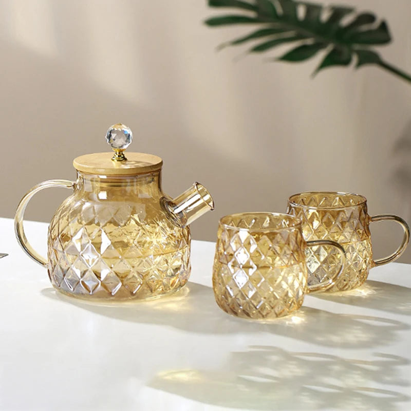 Daddy's Choice Glass Tea Kettle With Bamboo Lid And Removable Filter Spout Champagne Teapot For Loose Leaf Blooming Tea And Fruit Tea 1/15/1.8L