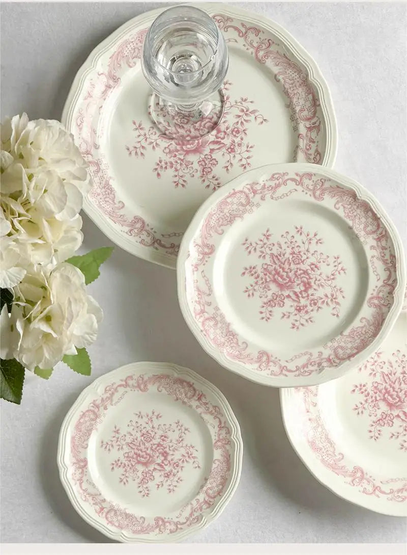 Purism French Style Pink Flower Ceramic Plates Vintage Household Biscuit Bread Dishs High Quality Restaurant Dessert Tableware